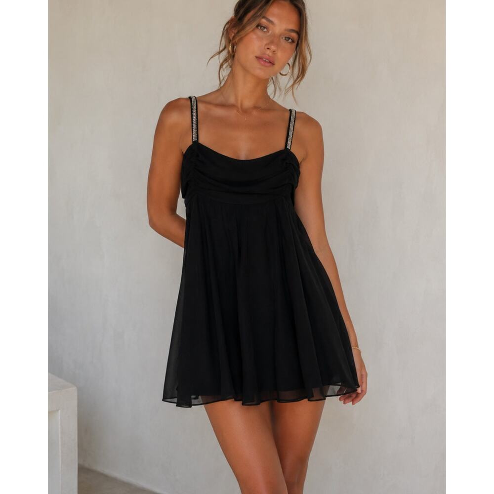 Mango Black Silk A Line Mini Dress Beaded Strap Y2K Womens 6 Party Babydoll